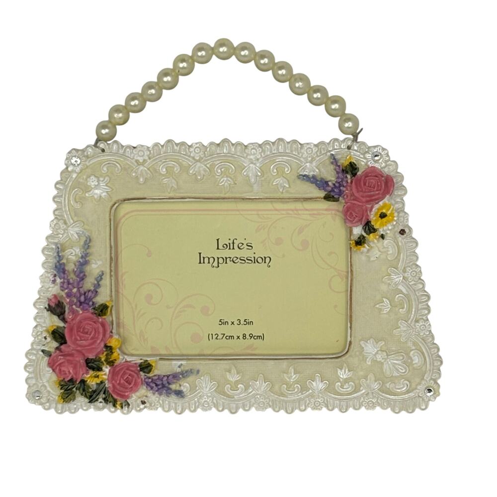 Set of 2 Life’s Impression Floral Picture Frames Pearl Handle 5x3.5 No Glass